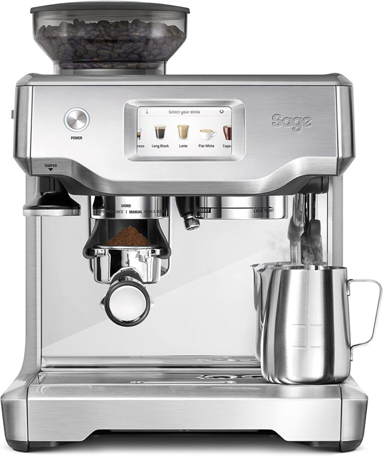 Sage Appliances Barista Touch Espressomaschine und Kaffeemaschine mit Milchaufschäumer, Siebträgermaschine, SES880, Gebürstetes Edelstahlgrau